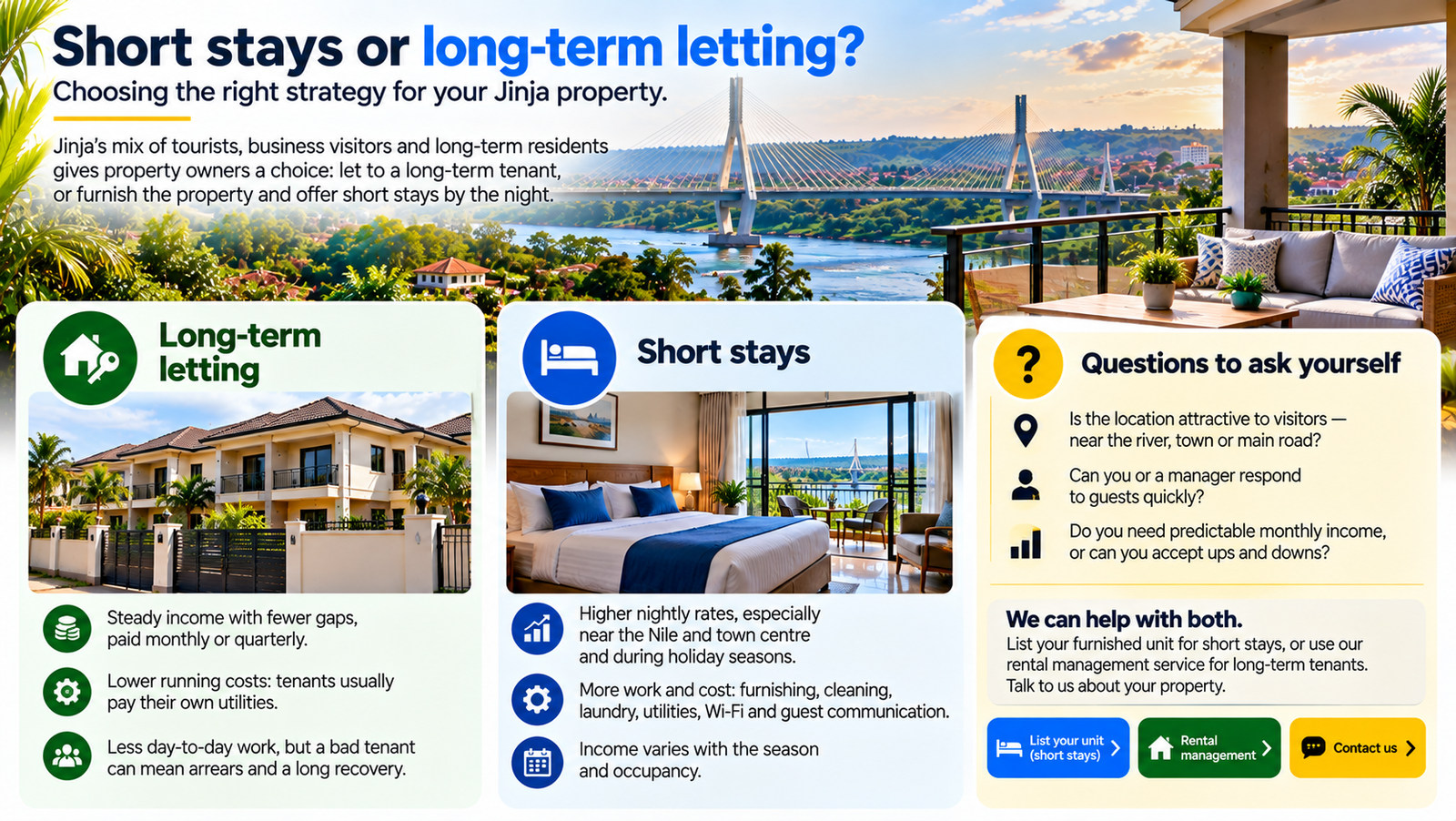 Short stays or long-term letting? Choosing the right strategy for your Jinja property